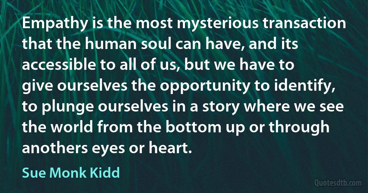 Empathy is the most mysterious transaction that the human soul can have, and its accessible to all of us, but we have to give ourselves the opportunity to identify, to plunge ourselves in a story where we see the world from the bottom up or through anothers eyes or heart. (Sue Monk Kidd)