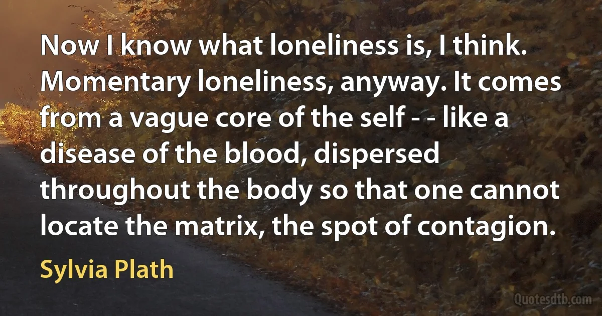 Now I know what loneliness is, I think. Momentary loneliness, anyway. It comes from a vague core of the self - - like a disease of the blood, dispersed throughout the body so that one cannot locate the matrix, the spot of contagion. (Sylvia Plath)