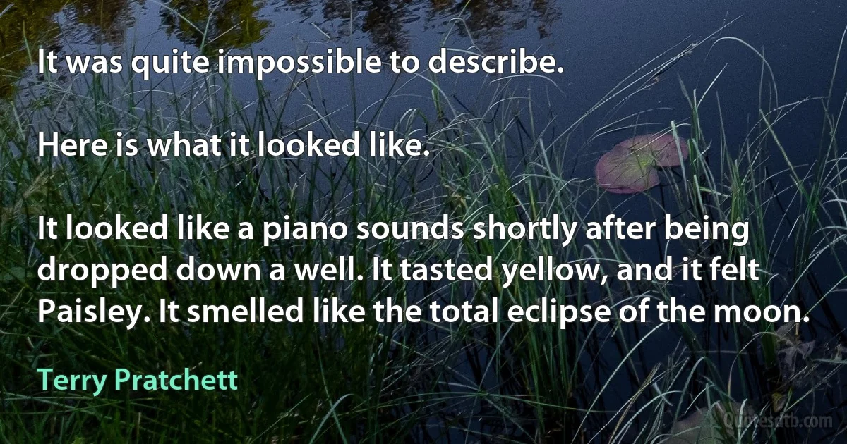 It was quite impossible to describe.

Here is what it looked like.

It looked like a piano sounds shortly after being dropped down a well. It tasted yellow, and it felt Paisley. It smelled like the total eclipse of the moon. (Terry Pratchett)