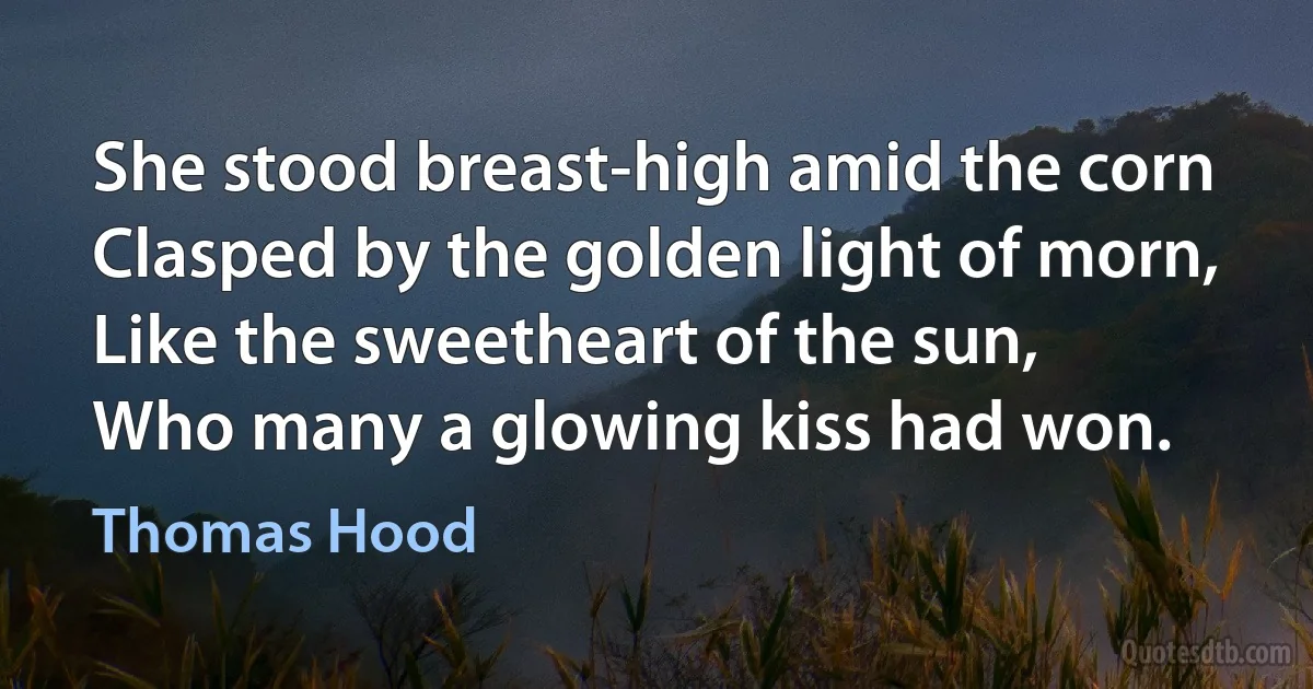 She stood breast-high amid the corn
Clasped by the golden light of morn,
Like the sweetheart of the sun,
Who many a glowing kiss had won. (Thomas Hood)