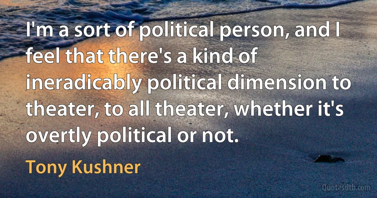 I'm a sort of political person, and I feel that there's a kind of ineradicably political dimension to theater, to all theater, whether it's overtly political or not. (Tony Kushner)