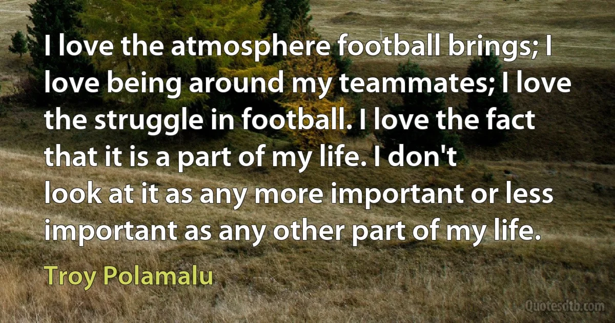 I love the atmosphere football brings; I love being around my teammates; I love the struggle in football. I love the fact that it is a part of my life. I don't look at it as any more important or less important as any other part of my life. (Troy Polamalu)