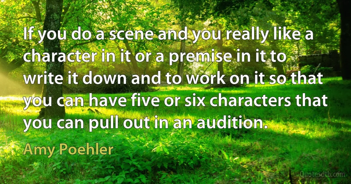 If you do a scene and you really like a character in it or a premise in it to write it down and to work on it so that you can have five or six characters that you can pull out in an audition. (Amy Poehler)