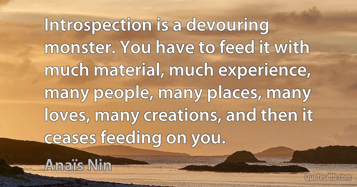 Introspection is a devouring monster. You have to feed it with much material, much experience, many people, many places, many loves, many creations, and then it ceases feeding on you. (Anaïs Nin)