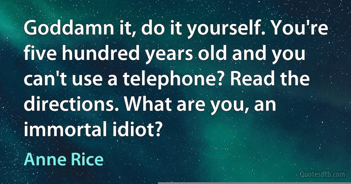 Goddamn it, do it yourself. You're five hundred years old and you can't use a telephone? Read the directions. What are you, an immortal idiot? (Anne Rice)