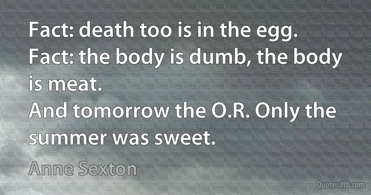 Fact: death too is in the egg.
Fact: the body is dumb, the body is meat.
And tomorrow the O.R. Only the summer was sweet. (Anne Sexton)