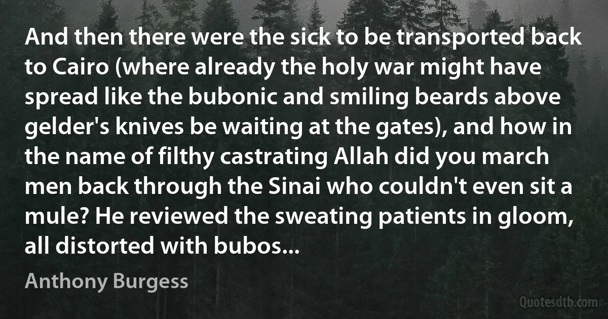 And then there were the sick to be transported back to Cairo (where already the holy war might have spread like the bubonic and smiling beards above gelder's knives be waiting at the gates), and how in the name of filthy castrating Allah did you march men back through the Sinai who couldn't even sit a mule? He reviewed the sweating patients in gloom, all distorted with bubos... (Anthony Burgess)