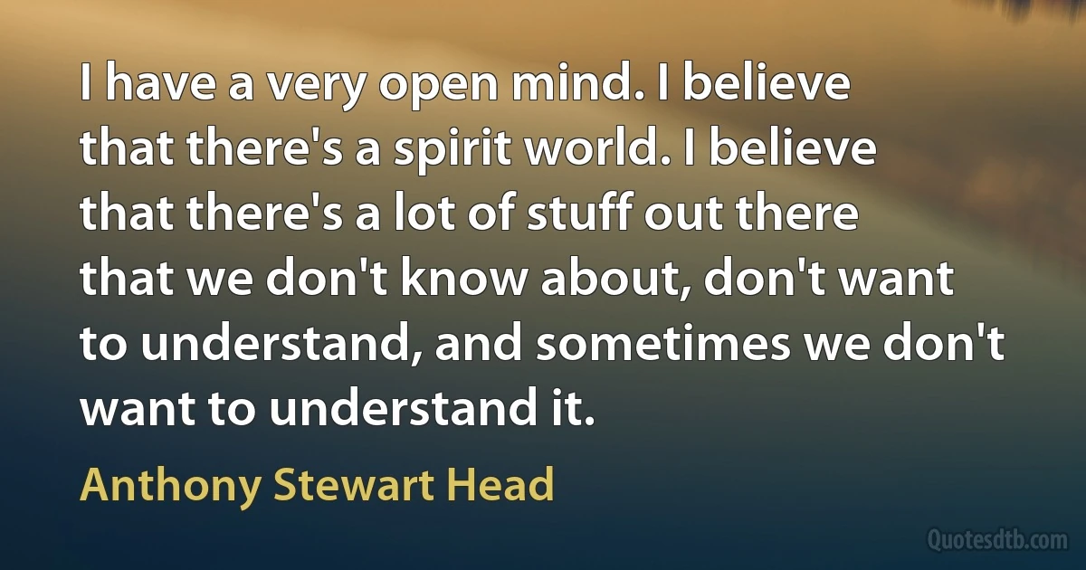 I have a very open mind. I believe that there's a spirit world. I believe that there's a lot of stuff out there that we don't know about, don't want to understand, and sometimes we don't want to understand it. (Anthony Stewart Head)