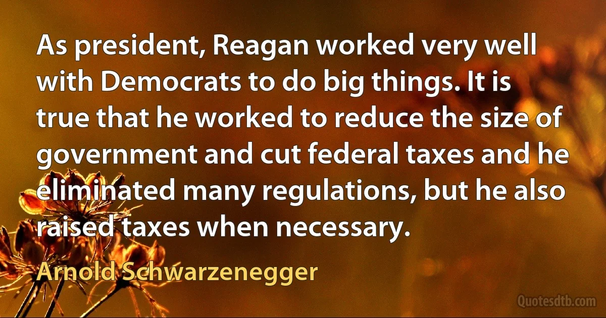 As president, Reagan worked very well with Democrats to do big things. It is true that he worked to reduce the size of government and cut federal taxes and he eliminated many regulations, but he also raised taxes when necessary. (Arnold Schwarzenegger)