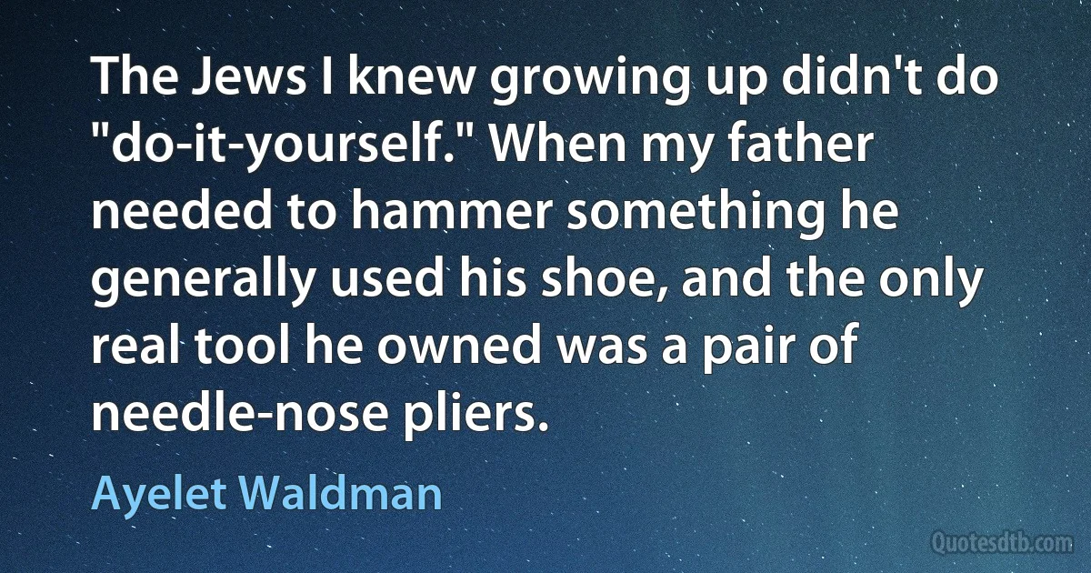 The Jews I knew growing up didn't do "do-it-yourself." When my father needed to hammer something he generally used his shoe, and the only real tool he owned was a pair of needle-nose pliers. (Ayelet Waldman)