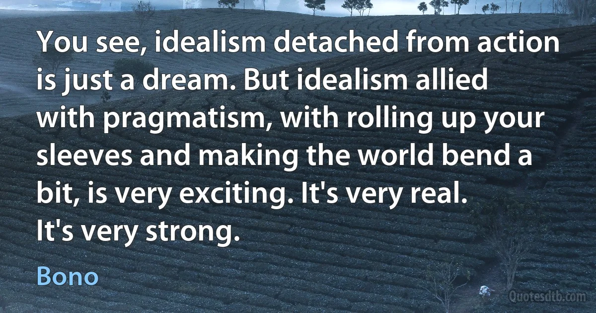 You see, idealism detached from action is just a dream. But idealism allied with pragmatism, with rolling up your sleeves and making the world bend a bit, is very exciting. It's very real. It's very strong. (Bono)