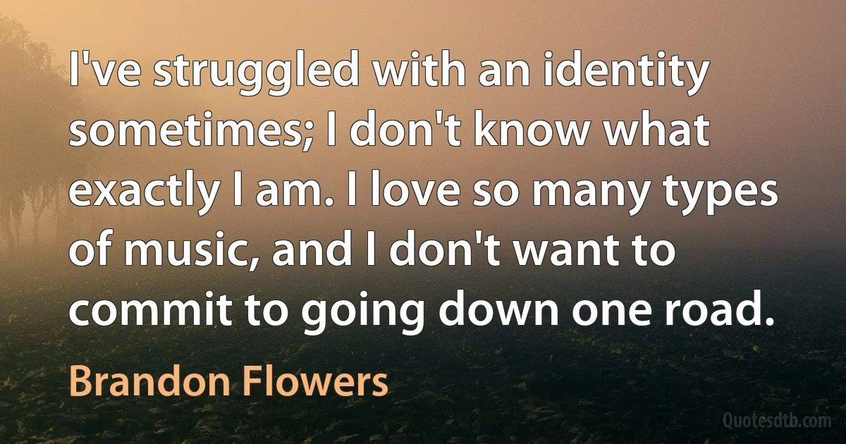 I've struggled with an identity sometimes; I don't know what exactly I am. I love so many types of music, and I don't want to commit to going down one road. (Brandon Flowers)