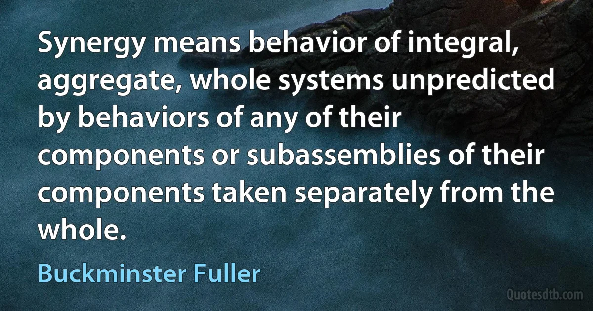 Synergy means behavior of integral, aggregate, whole systems unpredicted by behaviors of any of their components or subassemblies of their components taken separately from the whole. (Buckminster Fuller)