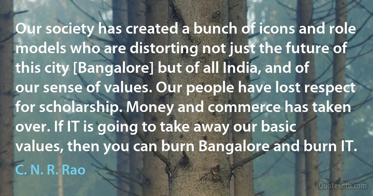 Our society has created a bunch of icons and role models who are distorting not just the future of this city [Bangalore] but of all India, and of our sense of values. Our people have lost respect for scholarship. Money and commerce has taken over. If IT is going to take away our basic values, then you can burn Bangalore and burn IT. (C. N. R. Rao)