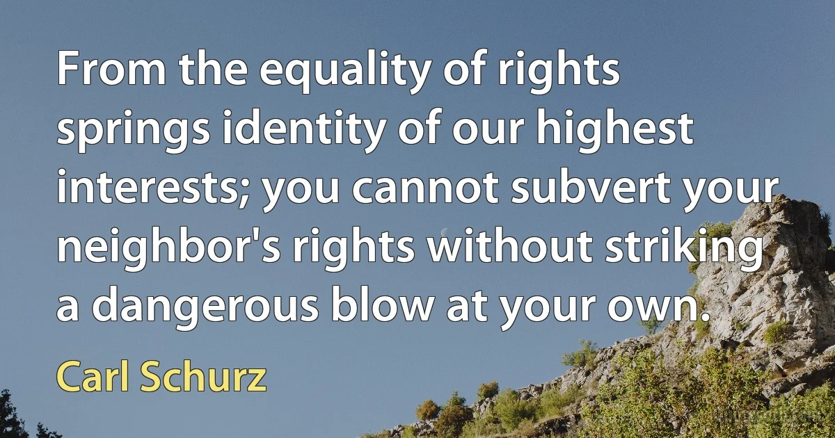 From the equality of rights springs identity of our highest interests; you cannot subvert your neighbor's rights without striking a dangerous blow at your own. (Carl Schurz)