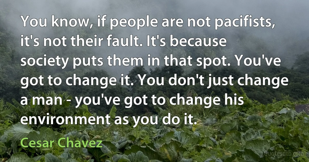 You know, if people are not pacifists, it's not their fault. It's because society puts them in that spot. You've got to change it. You don't just change a man - you've got to change his environment as you do it. (Cesar Chavez)