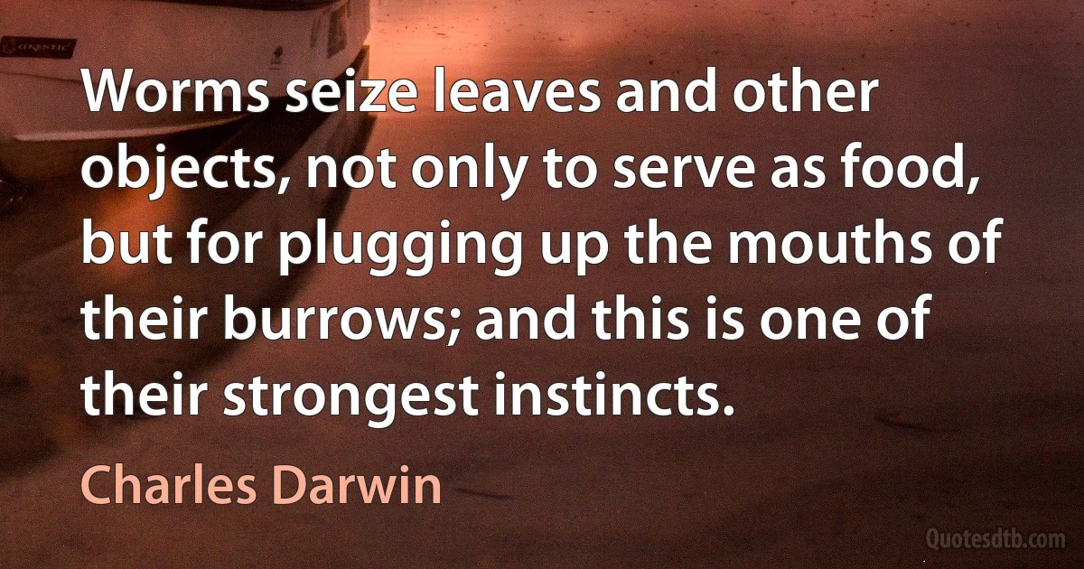 Worms seize leaves and other objects, not only to serve as food, but for plugging up the mouths of their burrows; and this is one of their strongest instincts. (Charles Darwin)