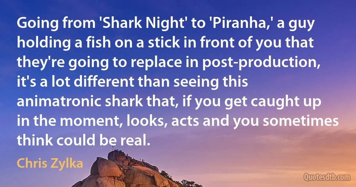 Going from 'Shark Night' to 'Piranha,' a guy holding a fish on a stick in front of you that they're going to replace in post-production, it's a lot different than seeing this animatronic shark that, if you get caught up in the moment, looks, acts and you sometimes think could be real. (Chris Zylka)