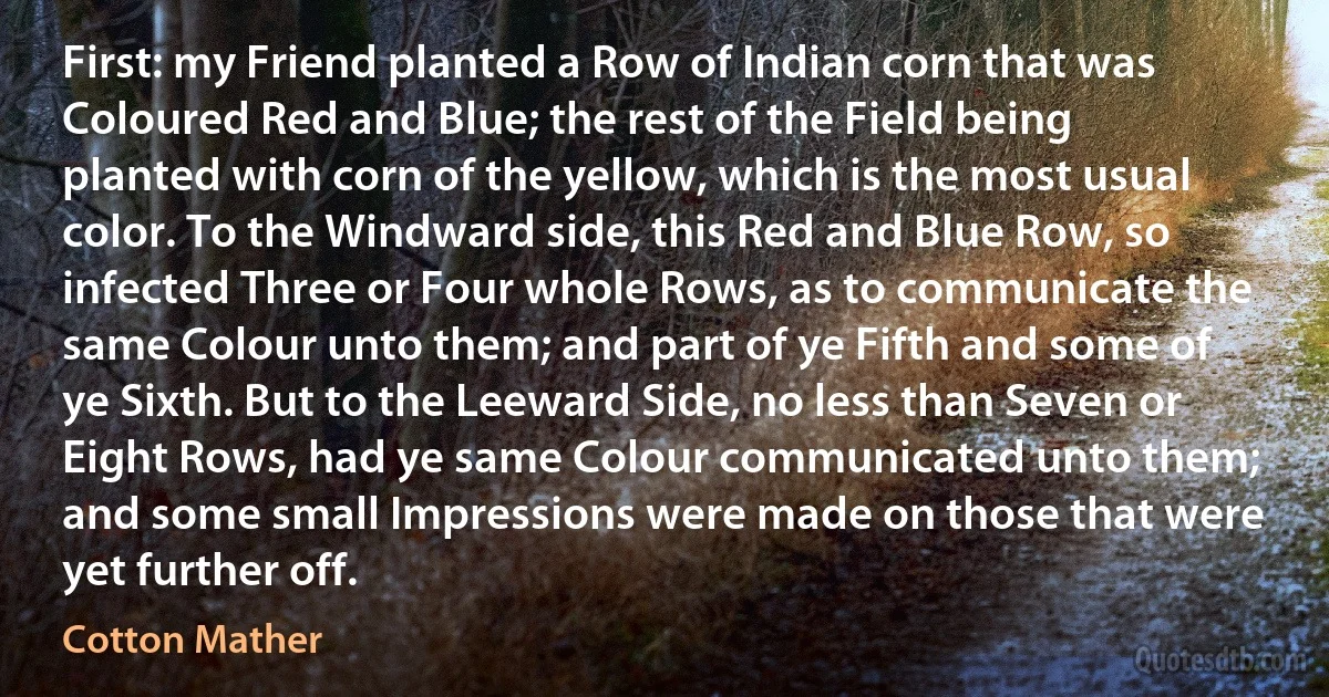 First: my Friend planted a Row of Indian corn that was Coloured Red and Blue; the rest of the Field being planted with corn of the yellow, which is the most usual color. To the Windward side, this Red and Blue Row, so infected Three or Four whole Rows, as to communicate the same Colour unto them; and part of ye Fifth and some of ye Sixth. But to the Leeward Side, no less than Seven or Eight Rows, had ye same Colour communicated unto them; and some small Impressions were made on those that were yet further off. (Cotton Mather)