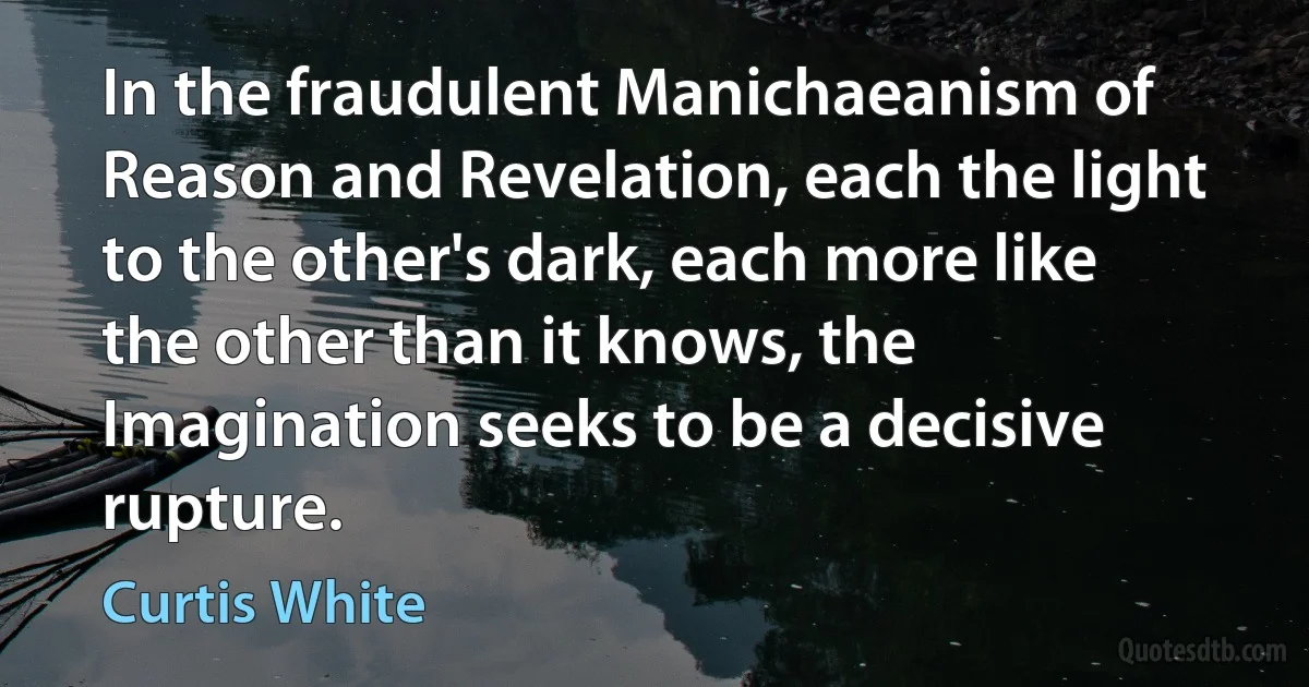 In the fraudulent Manichaeanism of Reason and Revelation, each the light to the other's dark, each more like the other than it knows, the Imagination seeks to be a decisive rupture. (Curtis White)