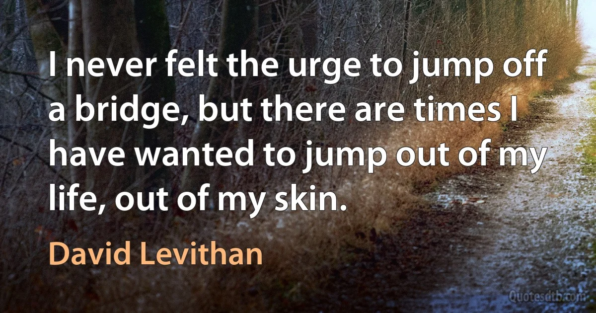 I never felt the urge to jump off a bridge, but there are times I have wanted to jump out of my life, out of my skin. (David Levithan)