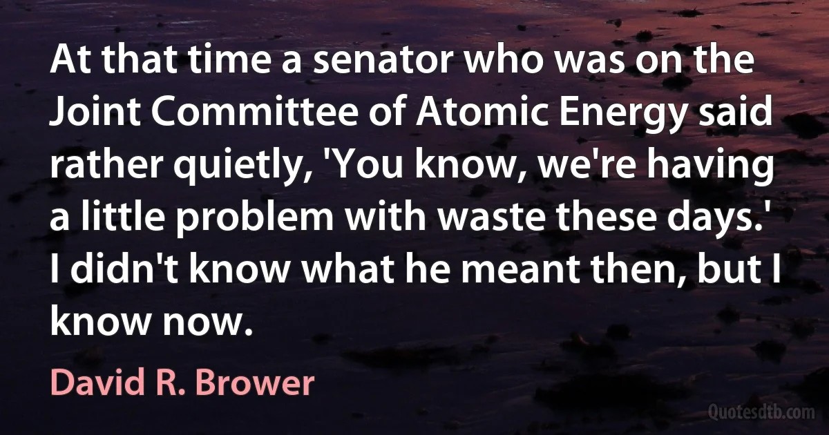 At that time a senator who was on the Joint Committee of Atomic Energy said rather quietly, 'You know, we're having a little problem with waste these days.' I didn't know what he meant then, but I know now. (David R. Brower)