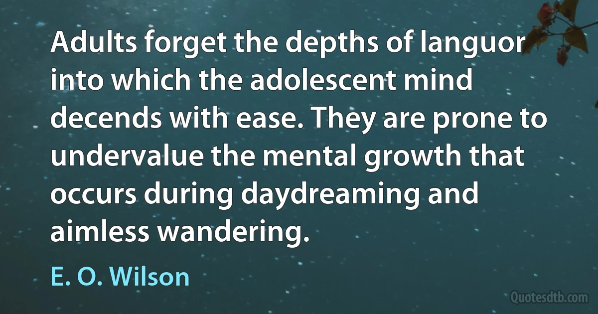 Adults forget the depths of languor into which the adolescent mind decends with ease. They are prone to undervalue the mental growth that occurs during daydreaming and aimless wandering. (E. O. Wilson)