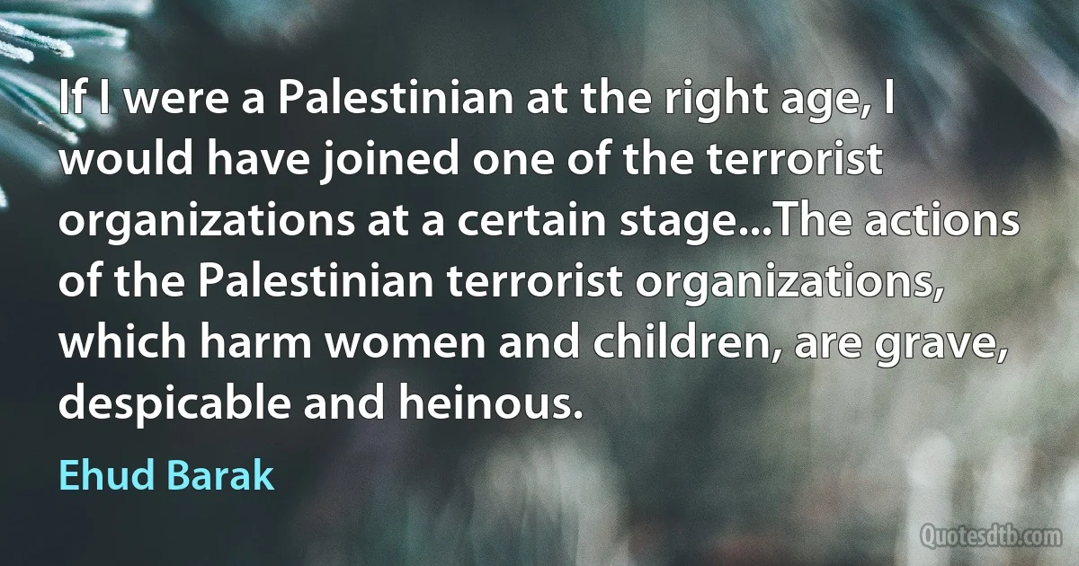 If I were a Palestinian at the right age, I would have joined one of the terrorist organizations at a certain stage...The actions of the Palestinian terrorist organizations, which harm women and children, are grave, despicable and heinous. (Ehud Barak)