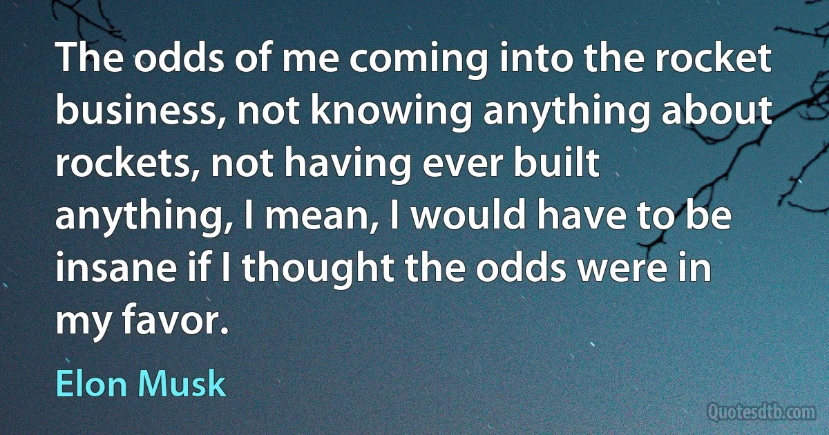 The odds of me coming into the rocket business, not knowing anything about rockets, not having ever built anything, I mean, I would have to be insane if I thought the odds were in my favor. (Elon Musk)