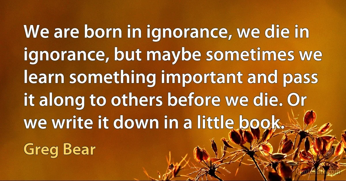 We are born in ignorance, we die in ignorance, but maybe sometimes we learn something important and pass it along to others before we die. Or we write it down in a little book. (Greg Bear)