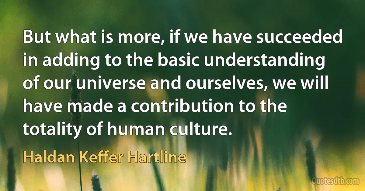 But what is more, if we have succeeded in adding to the basic understanding of our universe and ourselves, we will have made a contribution to the totality of human culture. (Haldan Keffer Hartline)