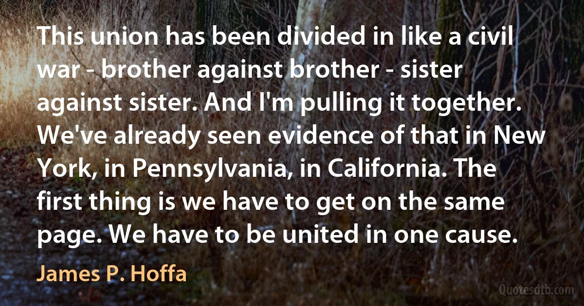 This union has been divided in like a civil war - brother against brother - sister against sister. And I'm pulling it together. We've already seen evidence of that in New York, in Pennsylvania, in California. The first thing is we have to get on the same page. We have to be united in one cause. (James P. Hoffa)