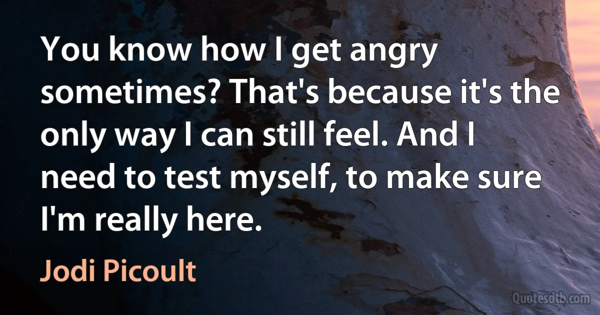 You know how I get angry sometimes? That's because it's the only way I can still feel. And I need to test myself, to make sure I'm really here. (Jodi Picoult)