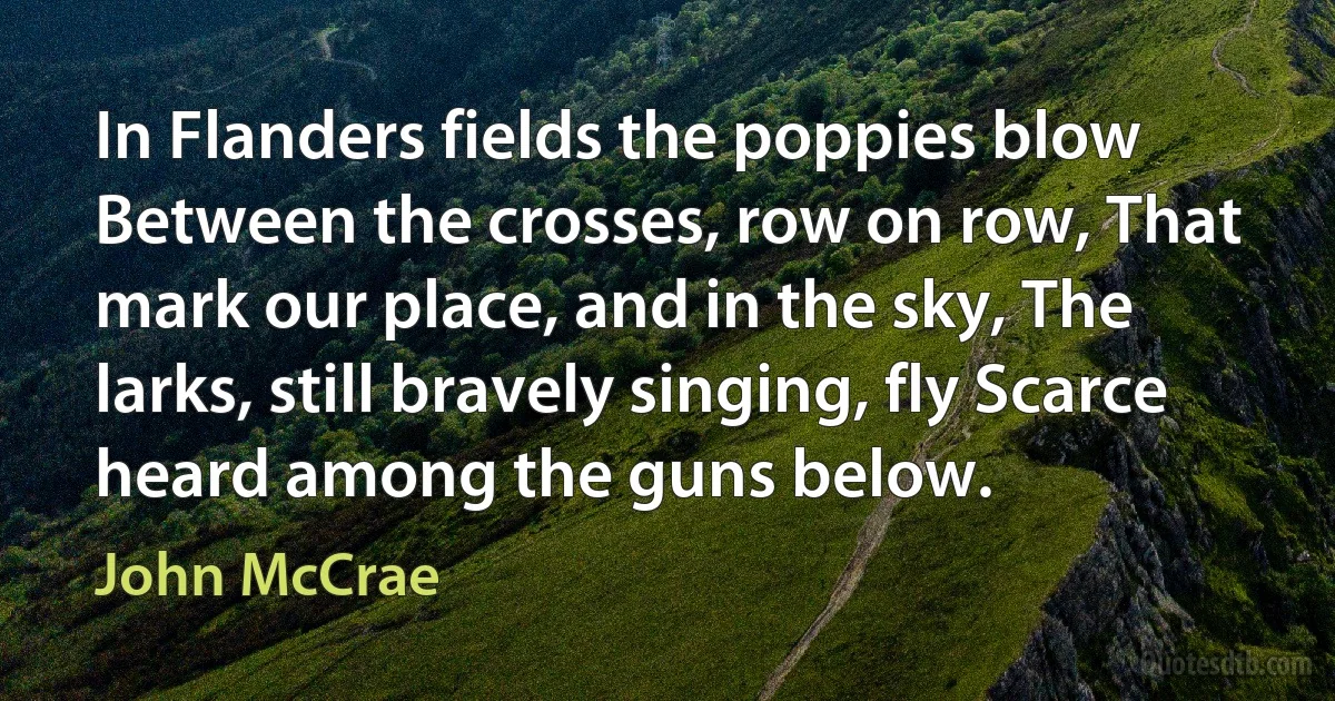 In Flanders fields the poppies blow Between the crosses, row on row, That mark our place, and in the sky, The larks, still bravely singing, fly Scarce heard among the guns below. (John McCrae)