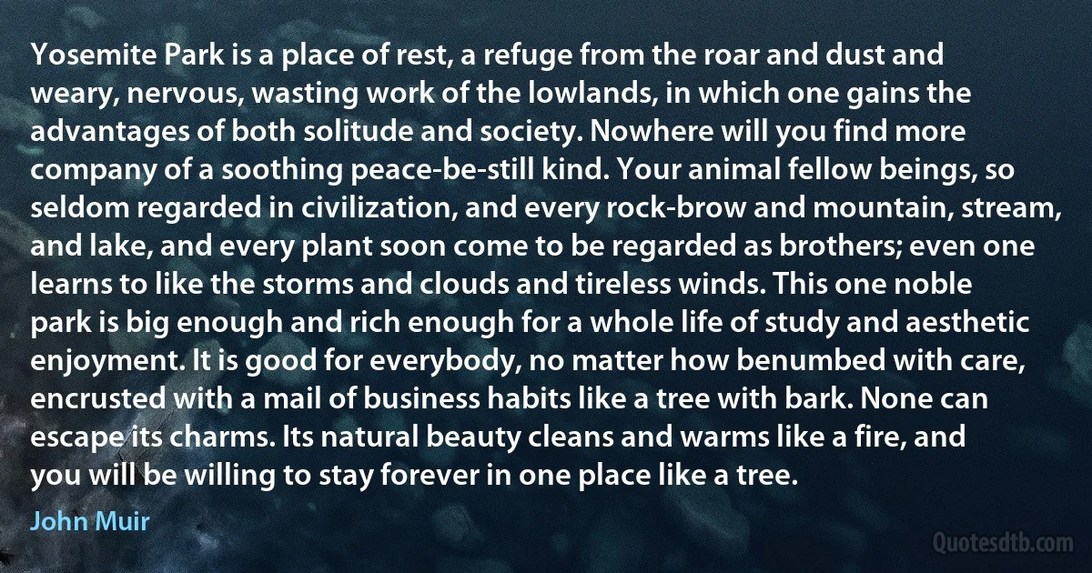 Yosemite Park is a place of rest, a refuge from the roar and dust and weary, nervous, wasting work of the lowlands, in which one gains the advantages of both solitude and society. Nowhere will you find more company of a soothing peace-be-still kind. Your animal fellow beings, so seldom regarded in civilization, and every rock-brow and mountain, stream, and lake, and every plant soon come to be regarded as brothers; even one learns to like the storms and clouds and tireless winds. This one noble park is big enough and rich enough for a whole life of study and aesthetic enjoyment. It is good for everybody, no matter how benumbed with care, encrusted with a mail of business habits like a tree with bark. None can escape its charms. Its natural beauty cleans and warms like a fire, and you will be willing to stay forever in one place like a tree. (John Muir)