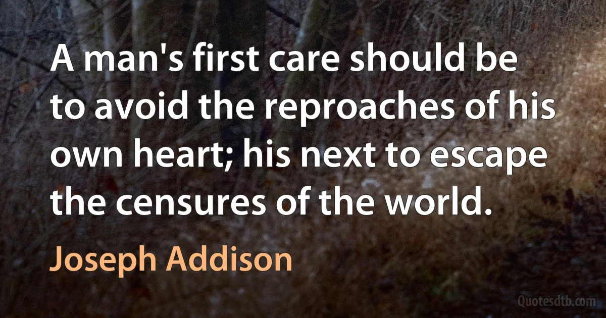 A man's first care should be to avoid the reproaches of his own heart; his next to escape the censures of the world. (Joseph Addison)