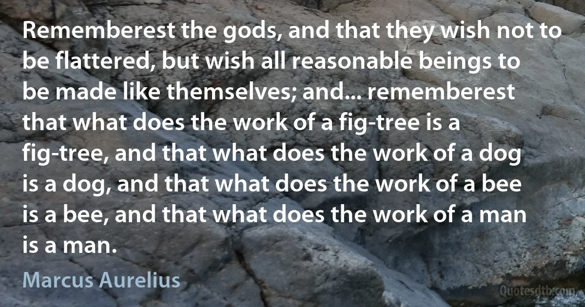 Rememberest the gods, and that they wish not to be flattered, but wish all reasonable beings to be made like themselves; and... rememberest that what does the work of a fig-tree is a fig-tree, and that what does the work of a dog is a dog, and that what does the work of a bee is a bee, and that what does the work of a man is a man. (Marcus Aurelius)