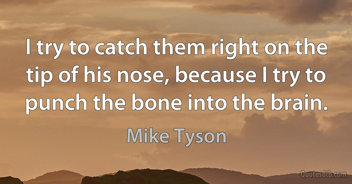 I try to catch them right on the tip of his nose, because I try to punch the bone into the brain. (Mike Tyson)