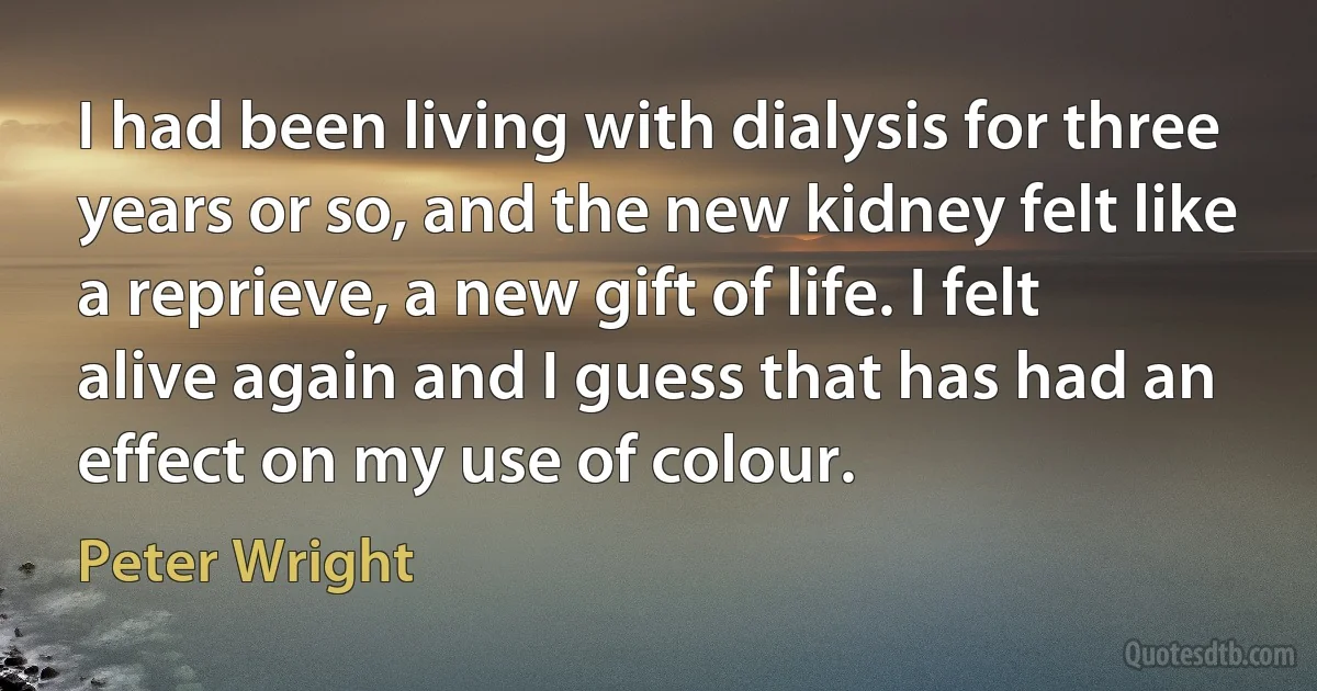 I had been living with dialysis for three years or so, and the new kidney felt like a reprieve, a new gift of life. I felt alive again and I guess that has had an effect on my use of colour. (Peter Wright)