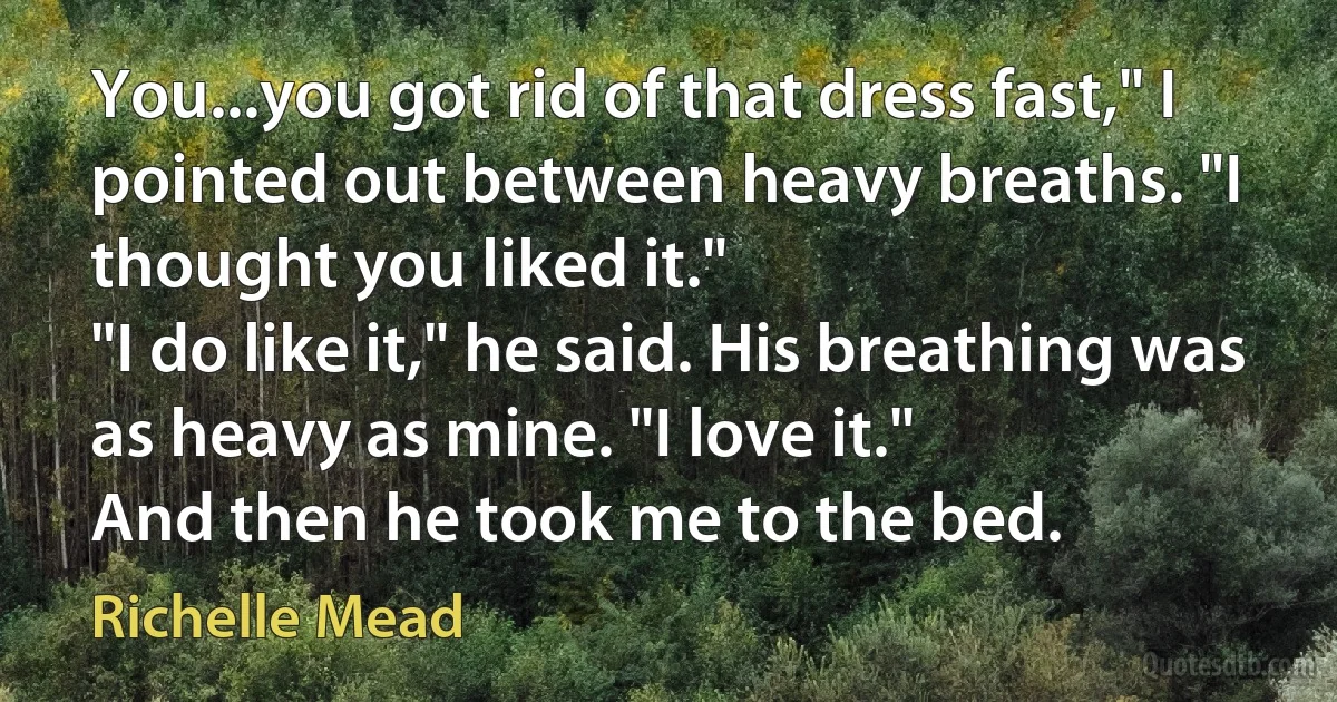 You...you got rid of that dress fast," I pointed out between heavy breaths. "I thought you liked it."
"I do like it," he said. His breathing was as heavy as mine. "I love it."
And then he took me to the bed. (Richelle Mead)