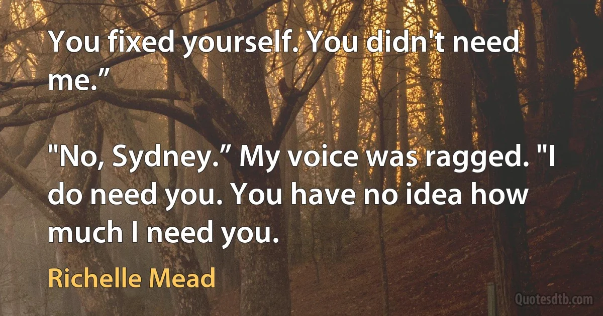 You fixed yourself. You didn't need me.”

"No, Sydney.” My voice was ragged. "I do need you. You have no idea how much I need you. (Richelle Mead)