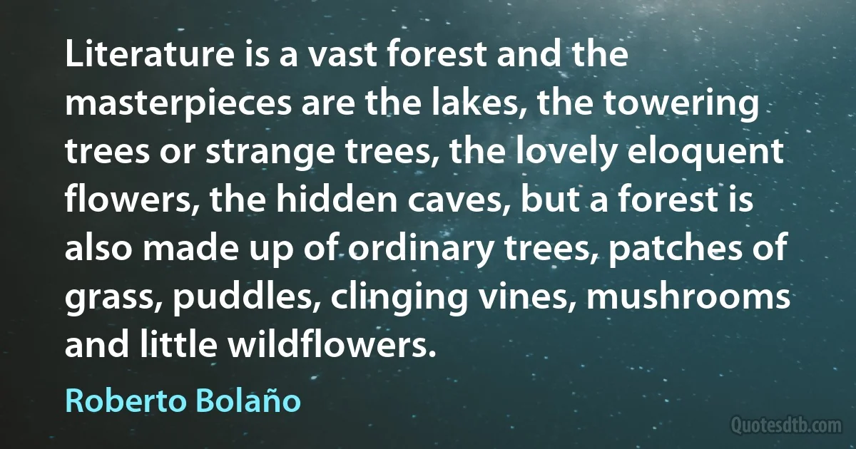 Literature is a vast forest and the masterpieces are the lakes, the towering trees or strange trees, the lovely eloquent flowers, the hidden caves, but a forest is also made up of ordinary trees, patches of grass, puddles, clinging vines, mushrooms and little wildflowers. (Roberto Bolaño)