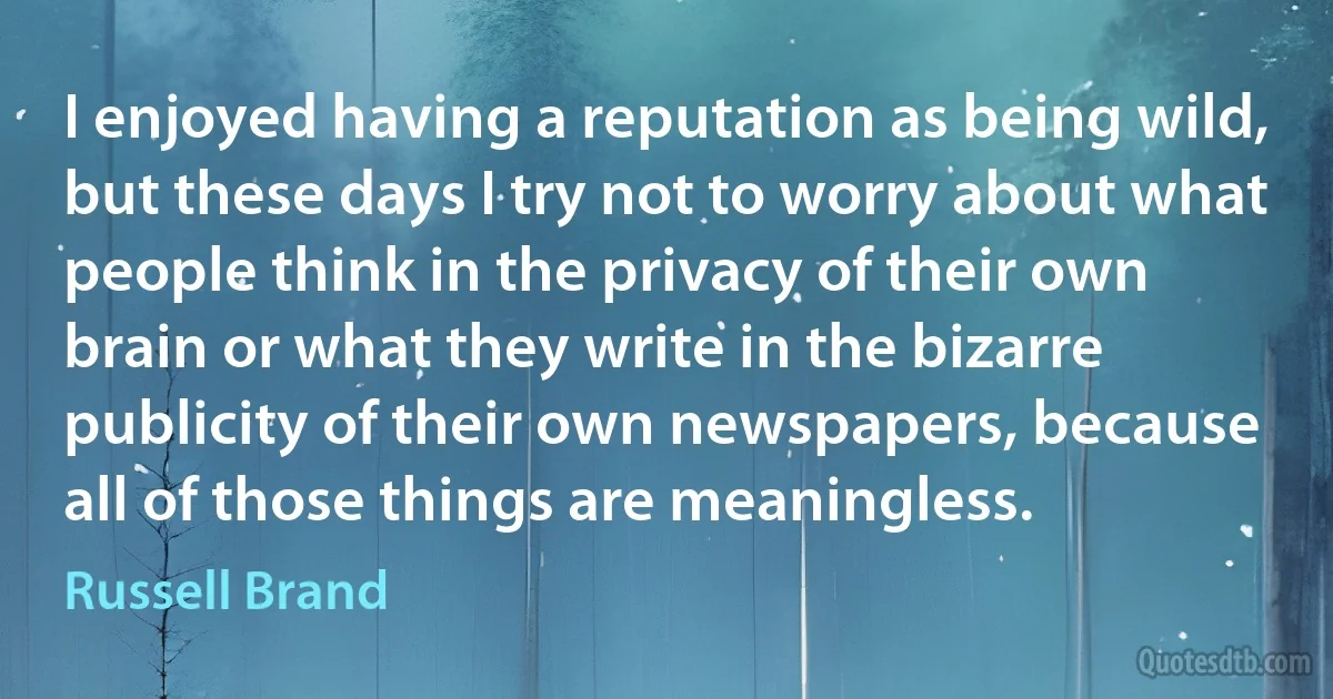 I enjoyed having a reputation as being wild, but these days I try not to worry about what people think in the privacy of their own brain or what they write in the bizarre publicity of their own newspapers, because all of those things are meaningless. (Russell Brand)