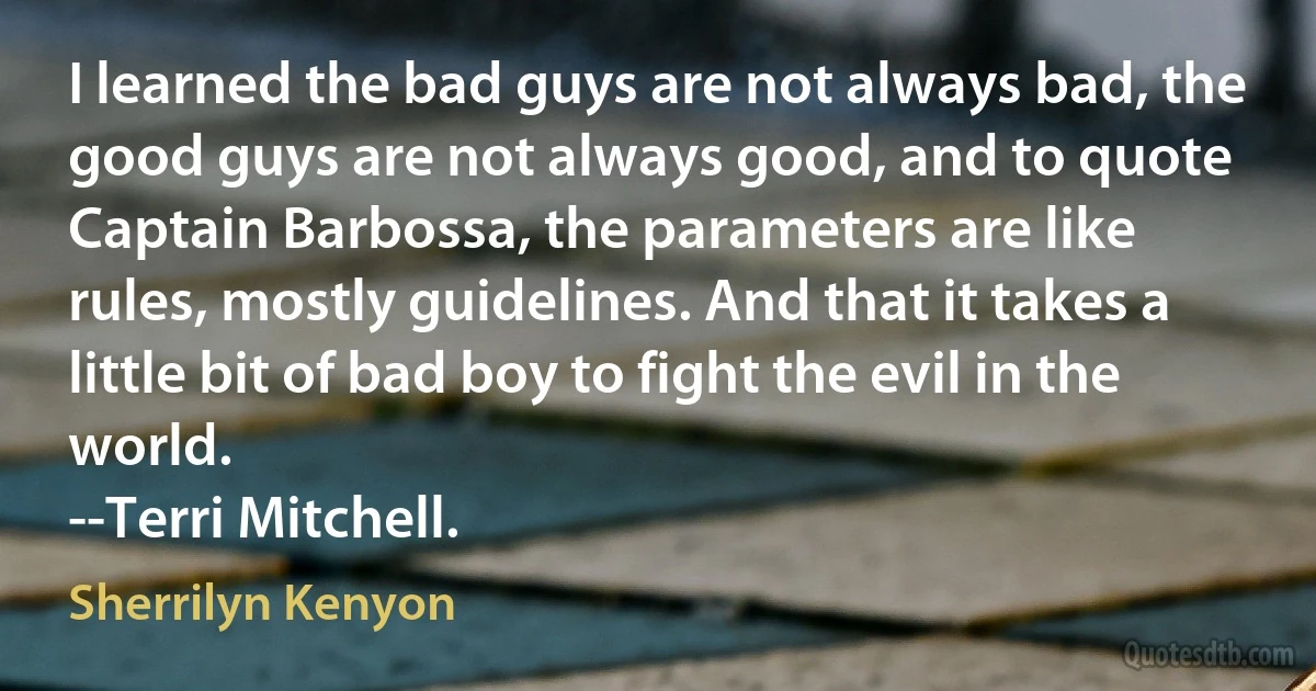 I learned the bad guys are not always bad, the good guys are not always good, and to quote Captain Barbossa, the parameters are like rules, mostly guidelines. And that it takes a little bit of bad boy to fight the evil in the world.
--Terri Mitchell. (Sherrilyn Kenyon)