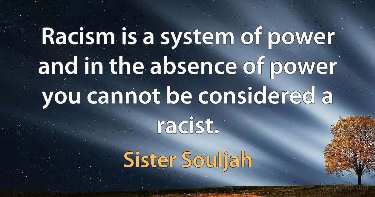 Racism is a system of power and in the absence of power you cannot be considered a racist. (Sister Souljah)