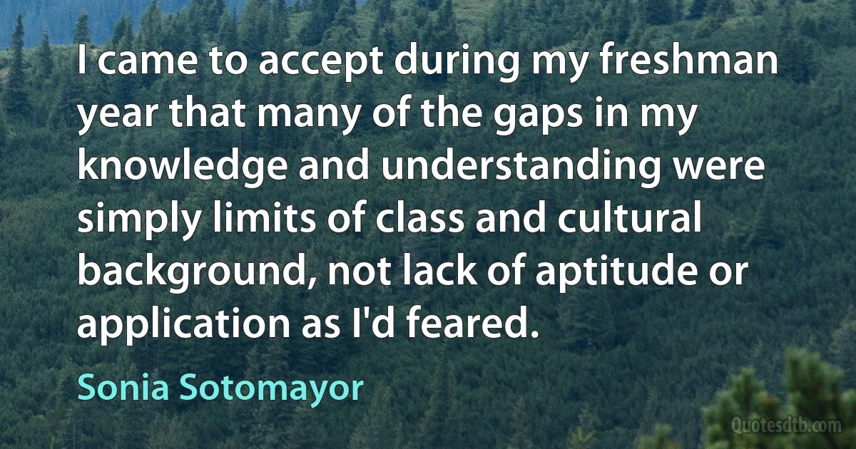 I came to accept during my freshman year that many of the gaps in my knowledge and understanding were simply limits of class and cultural background, not lack of aptitude or application as I'd feared. (Sonia Sotomayor)