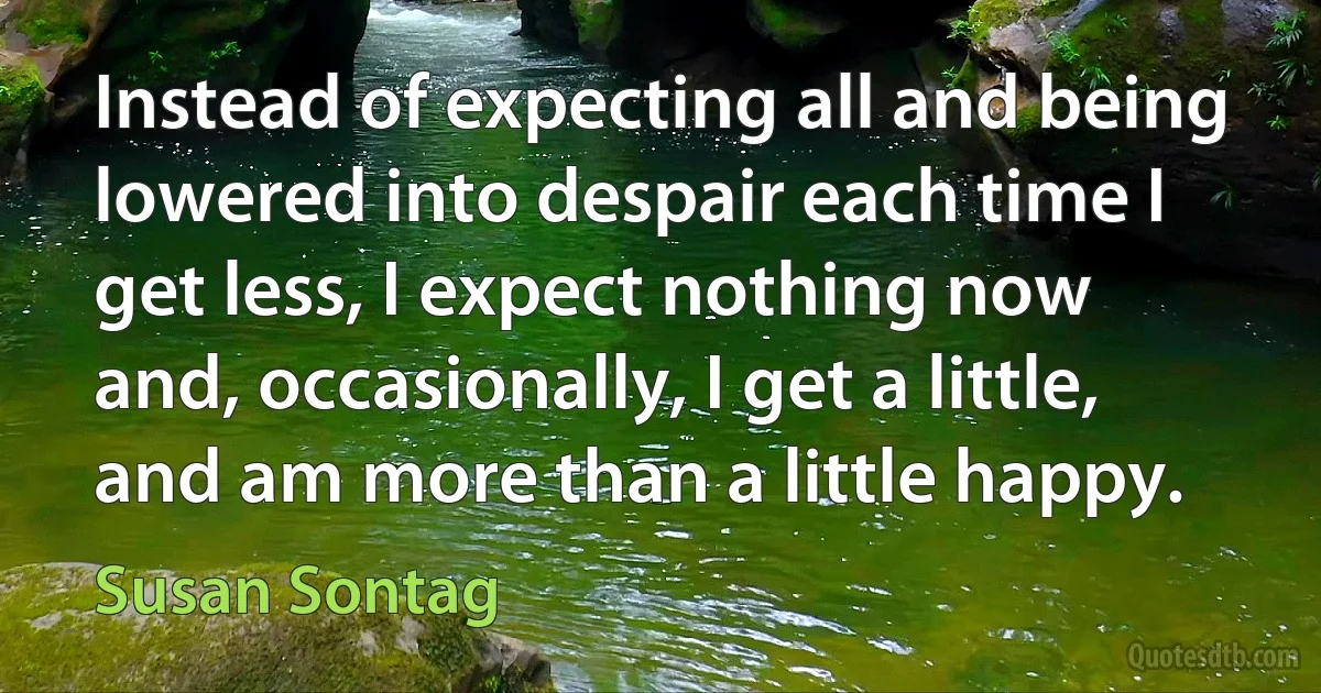 Instead of expecting all and being lowered into despair each time I get less, I expect nothing now and, occasionally, I get a little, and am more than a little happy. (Susan Sontag)