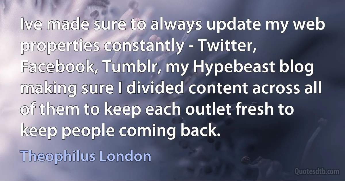 Ive made sure to always update my web properties constantly - Twitter, Facebook, Tumblr, my Hypebeast blog making sure I divided content across all of them to keep each outlet fresh to keep people coming back. (Theophilus London)