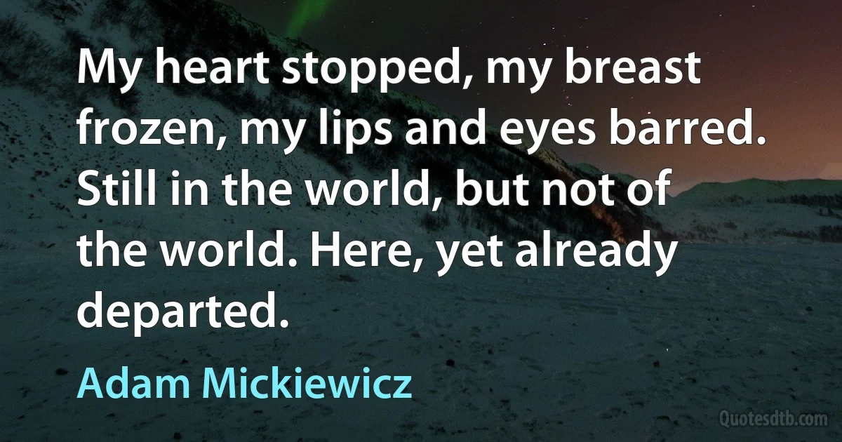 My heart stopped, my breast frozen, my lips and eyes barred. Still in the world, but not of the world. Here, yet already departed. (Adam Mickiewicz)