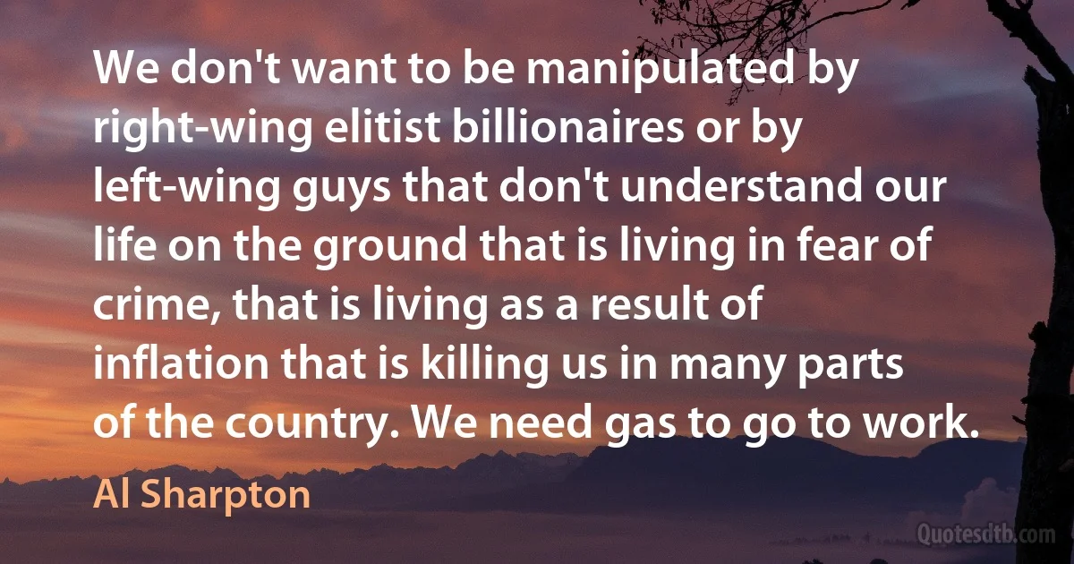 We don't want to be manipulated by right-wing elitist billionaires or by left-wing guys that don't understand our life on the ground that is living in fear of crime, that is living as a result of inflation that is killing us in many parts of the country. We need gas to go to work. (Al Sharpton)